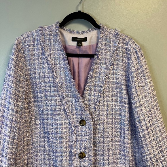 Ann Taylor Blazer Lavender Fringe Tweed Cardigan Jacket Sz 16 EUC Purple Plaid - Picture 6 of 13